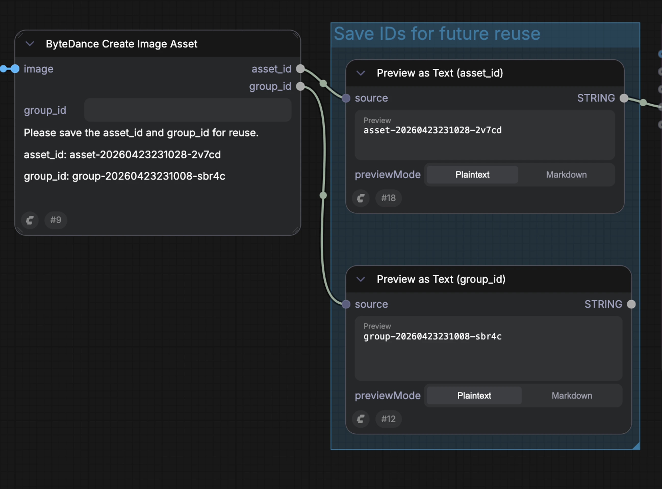 After verification, ComfyUI outputs Asset ID and Group ID to save for reuse