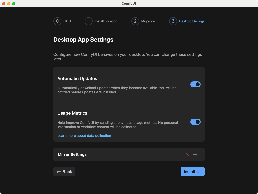 ComfyUI Installation Steps - Desktop Settings