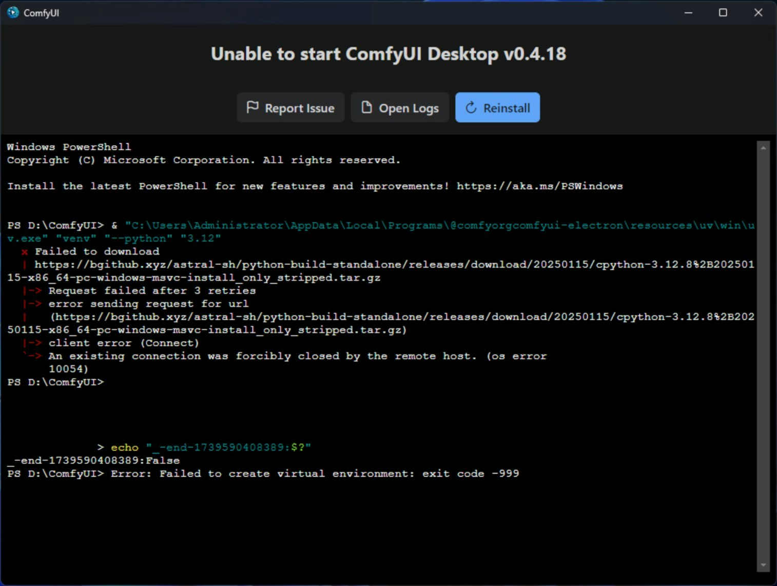 ComfyUI Installation Failed - Error Log