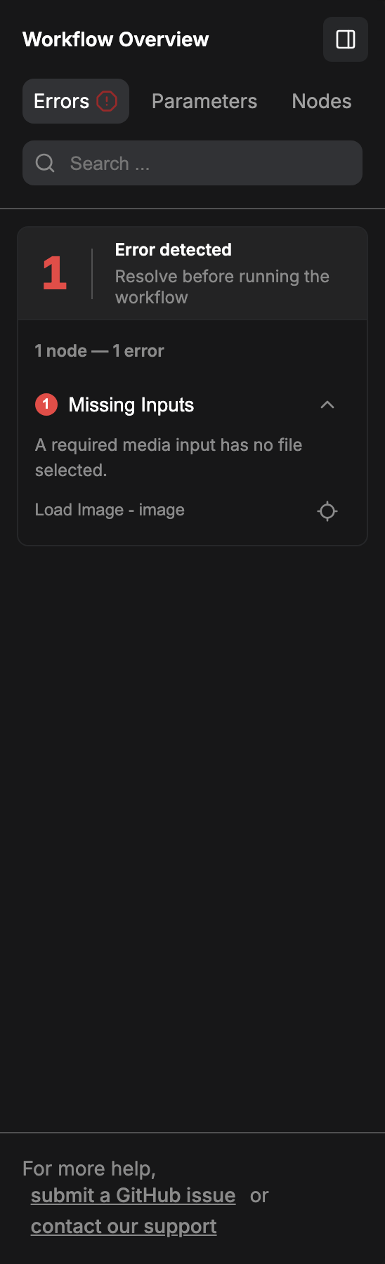 The right side panel on the Errors tab, listing a missing input for the Load Image node with the locate button