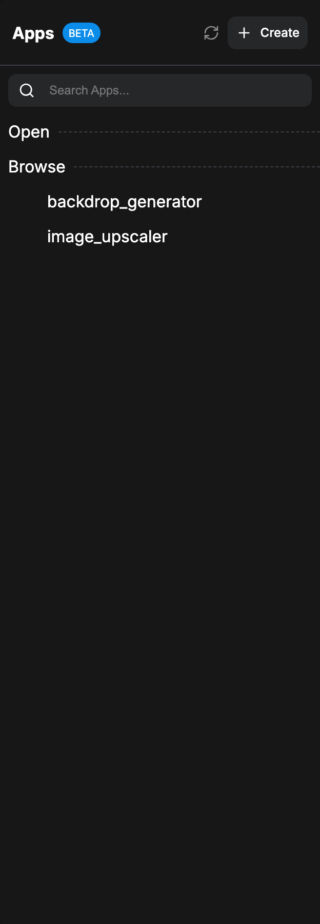 앱 패널. Beta 배지와 Create 버튼, Browse 아래에 저장된 앱이 표시됩니다