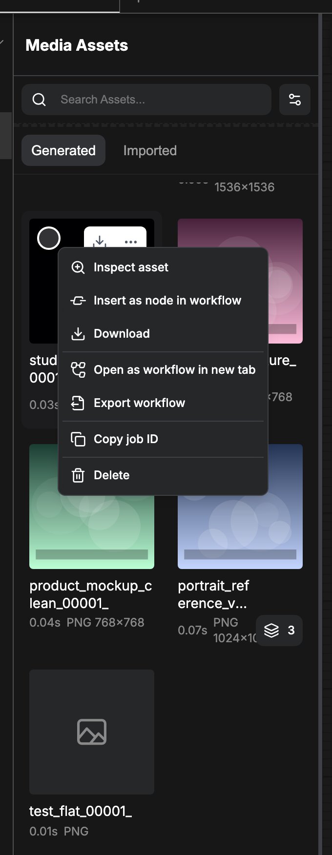 The right-click menu on an asset card, with options to inspect, insert, download, export, or delete the asset