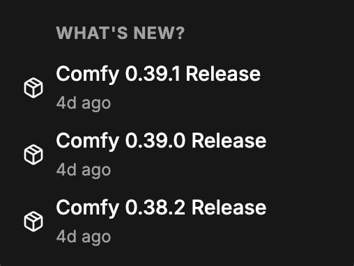 The What's New list with recent ComfyUI versions and release dates