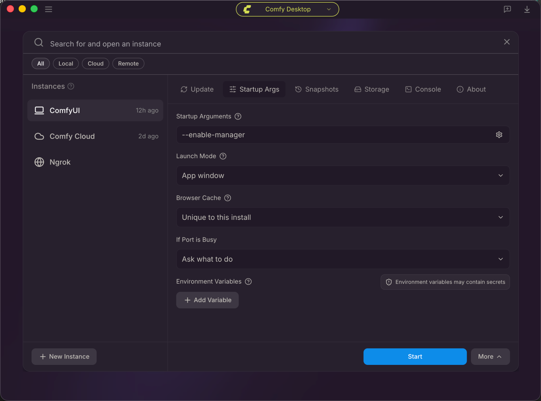 Startup Args tab