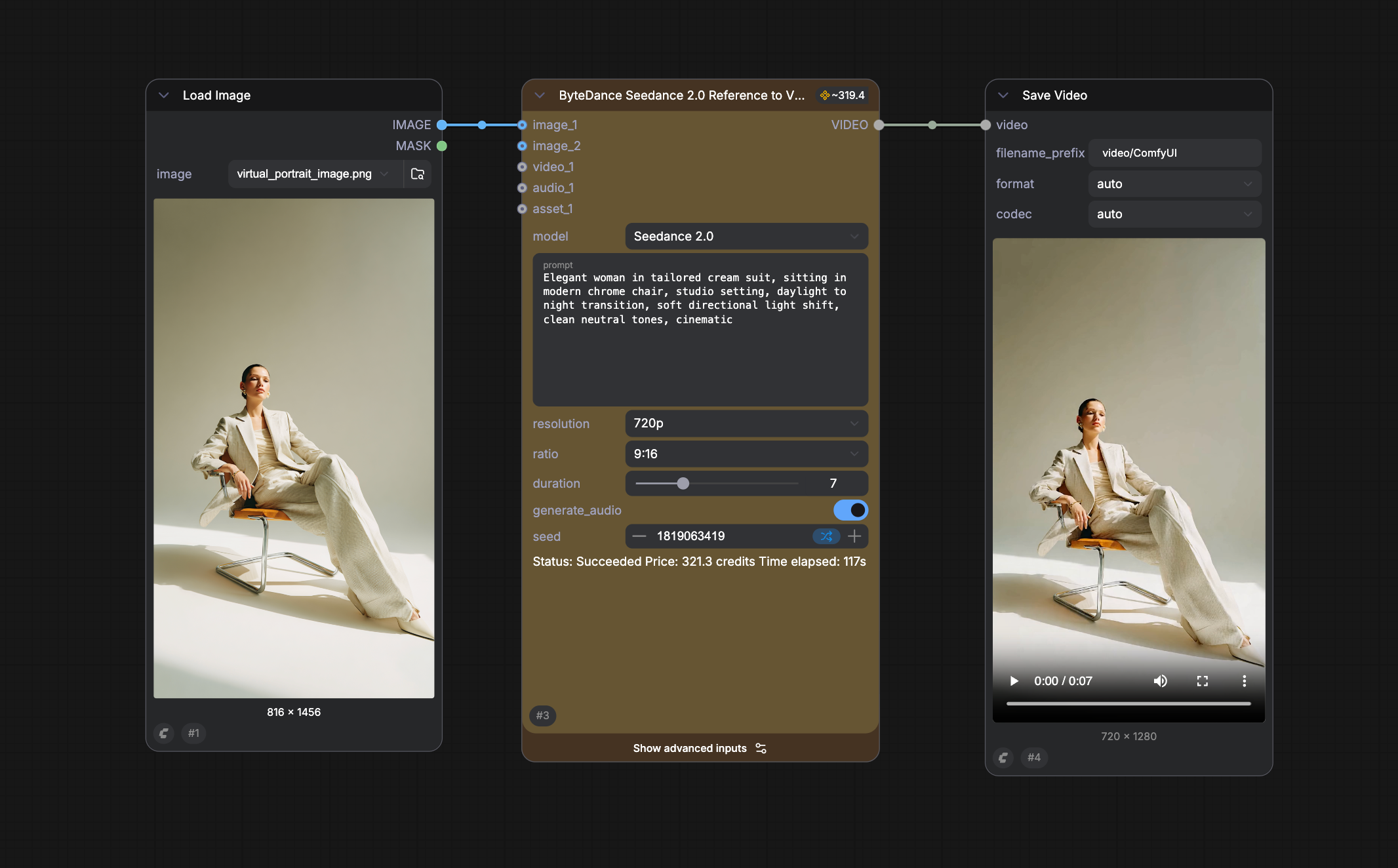 AI-generated portrait reference in a Seedance 2.0 workflow
