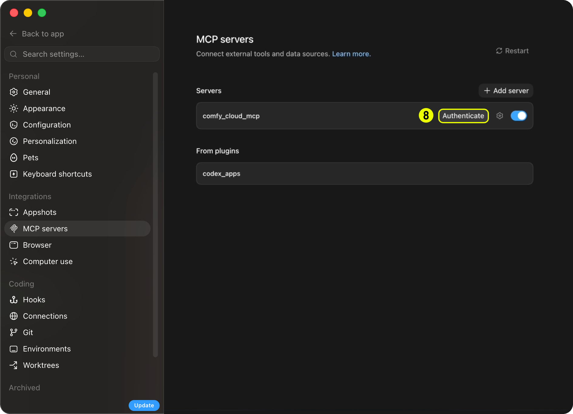 Codex authenticate MCP server — step 4