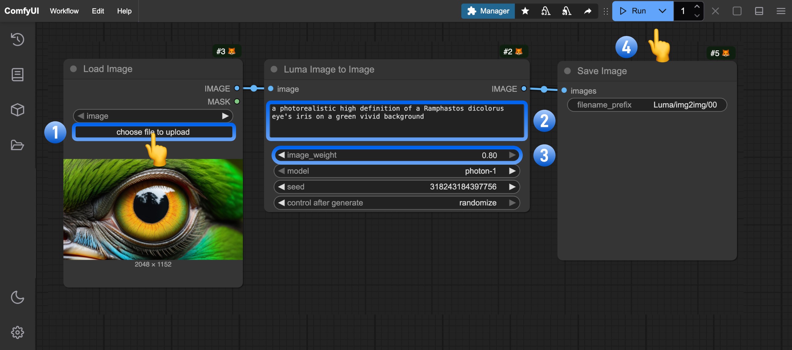 Luma Image to Image ワークフロー実行ステップ