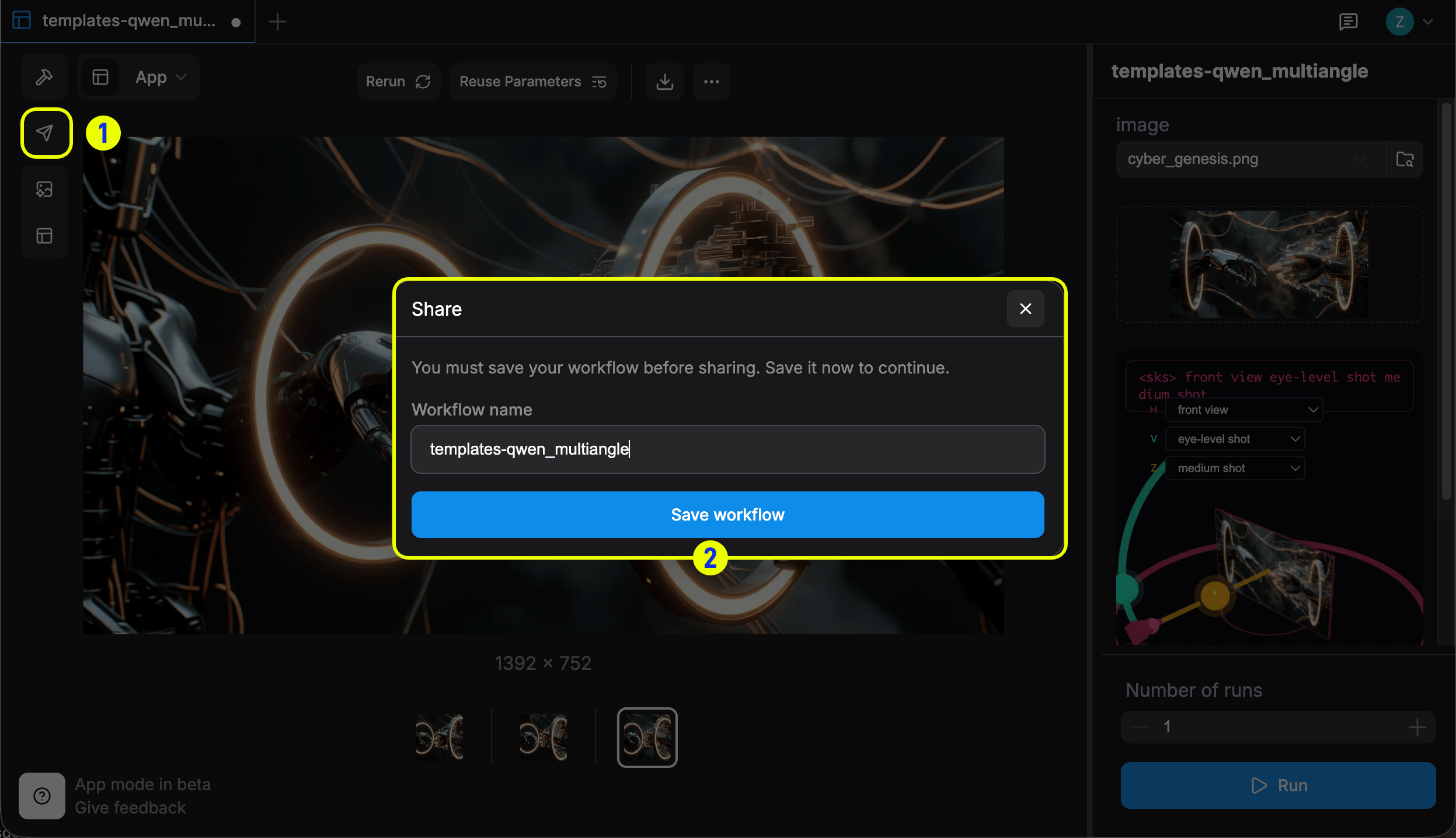 Share dialog prompting to save the workflow
