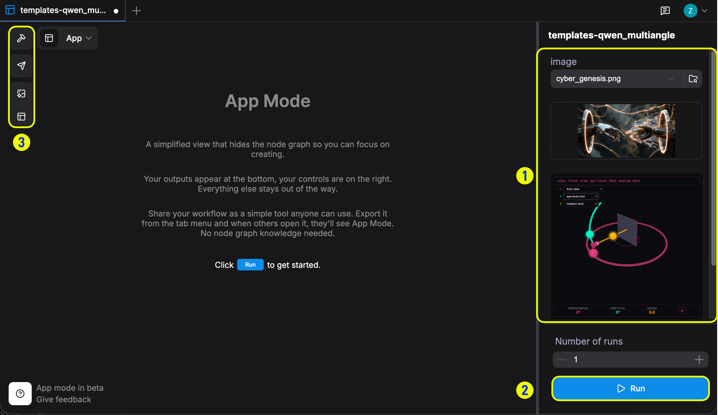 APP mode interface with inputs panel and Run button
