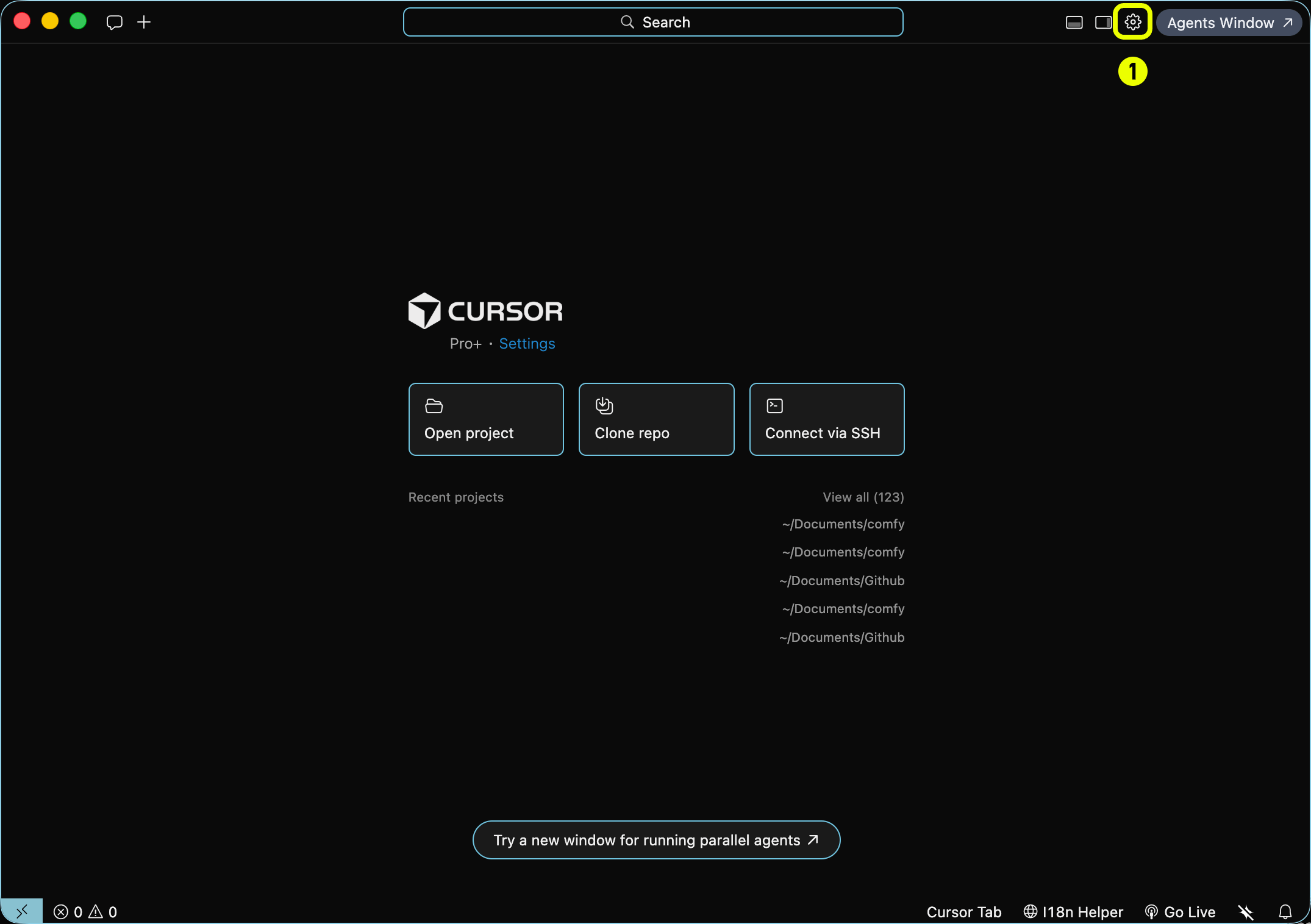 Cursor — open Settings