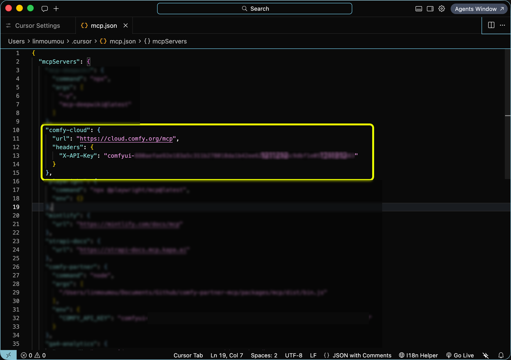 Cursor — mcp.json with API key