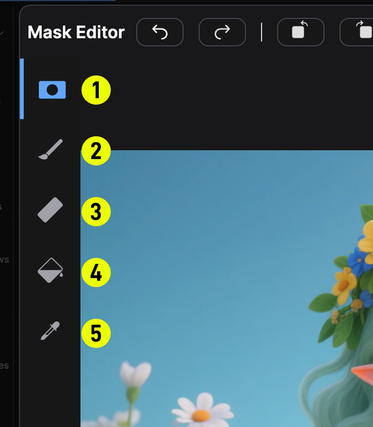 Mask Editor tool panel with 5 numbered tools