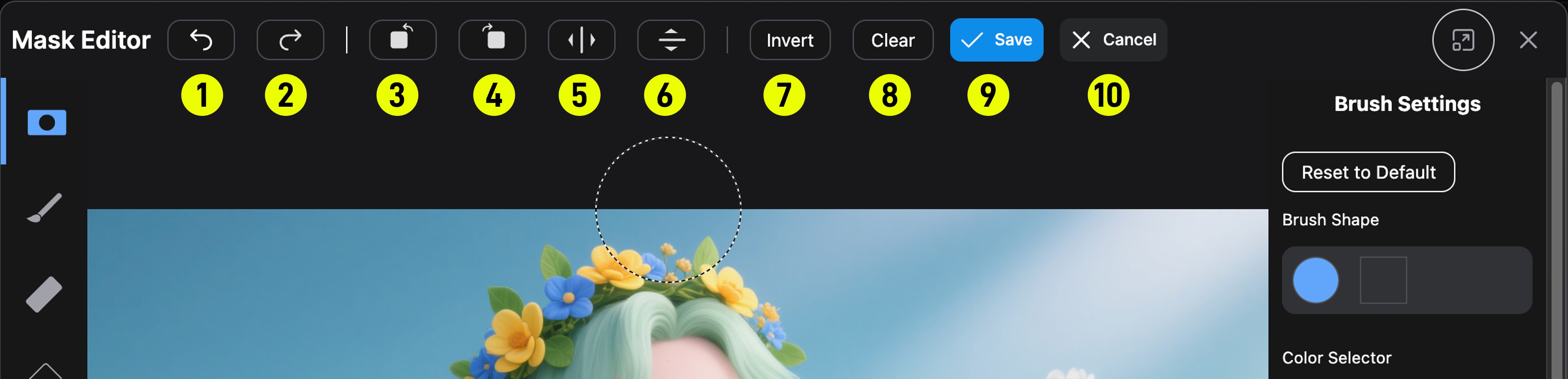 Mask Editor TopBar actions labeled 1–10