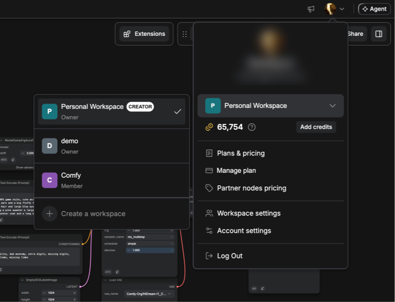 The workspace list, with Create a workspace at the bottom