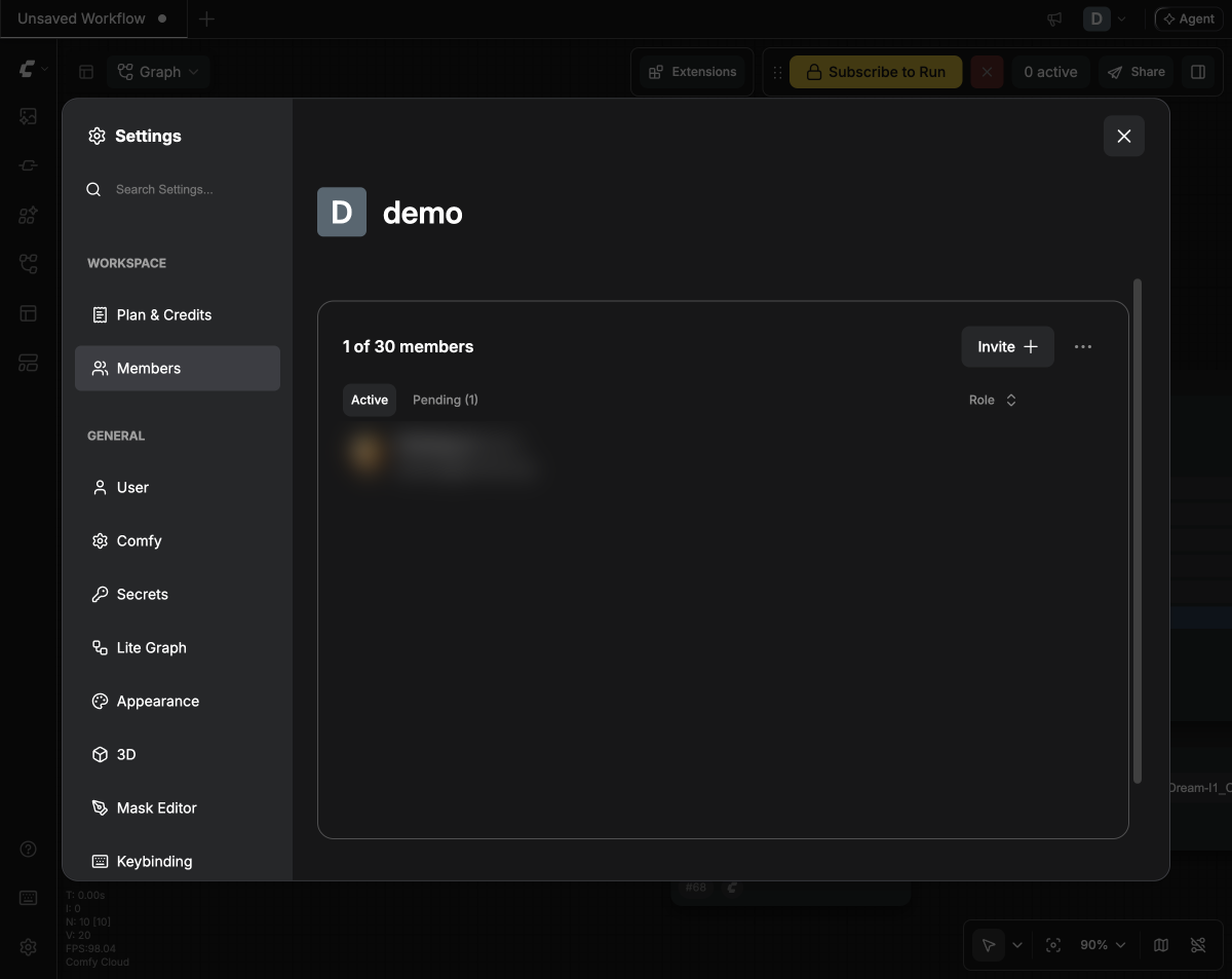 The Members section of workspace settings, with the Invite button