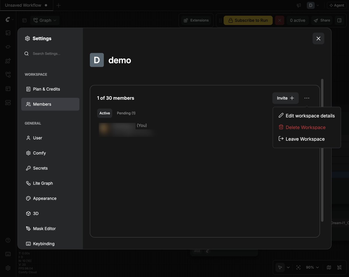 The workspace menu: Edit workspace details, Delete Workspace, Leave Workspace