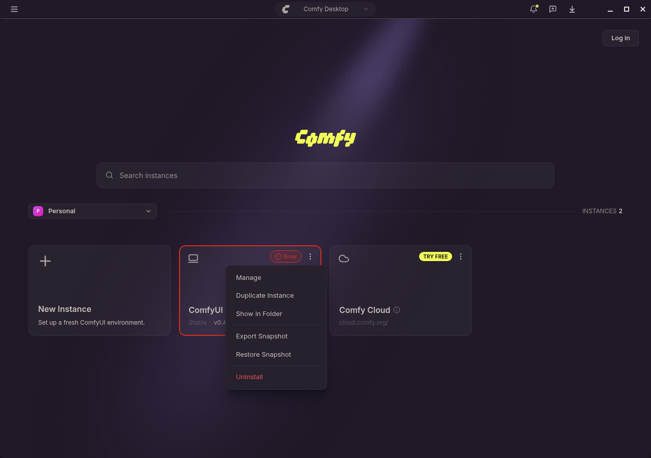 Instance card ⋮ menu: Manage, Duplicate, Show in Folder, Export/Restore Snapshot, Uninstall