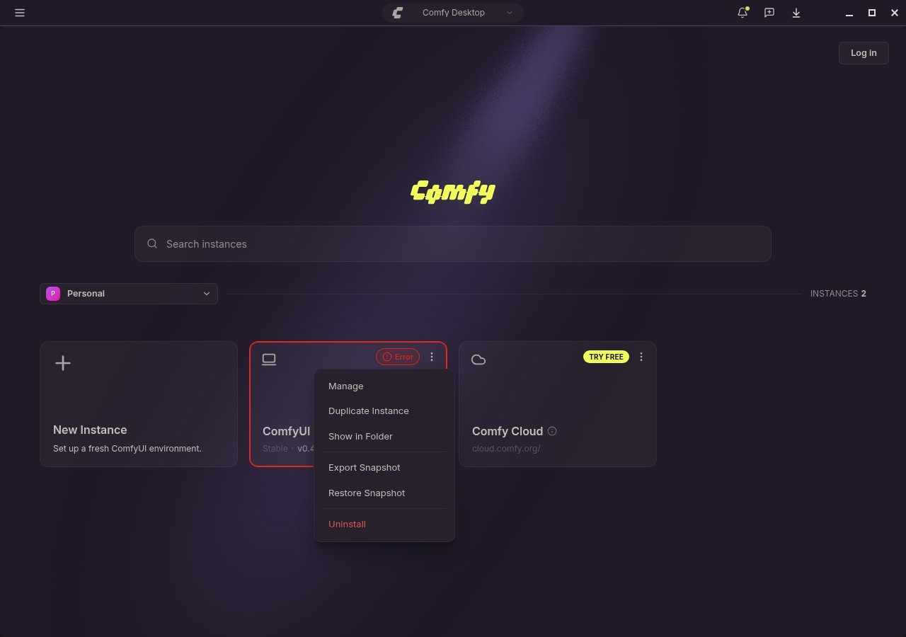 Instance card ⋮ menu: Manage, Duplicate, Show in Folder, Export/Restore Snapshot, Uninstall