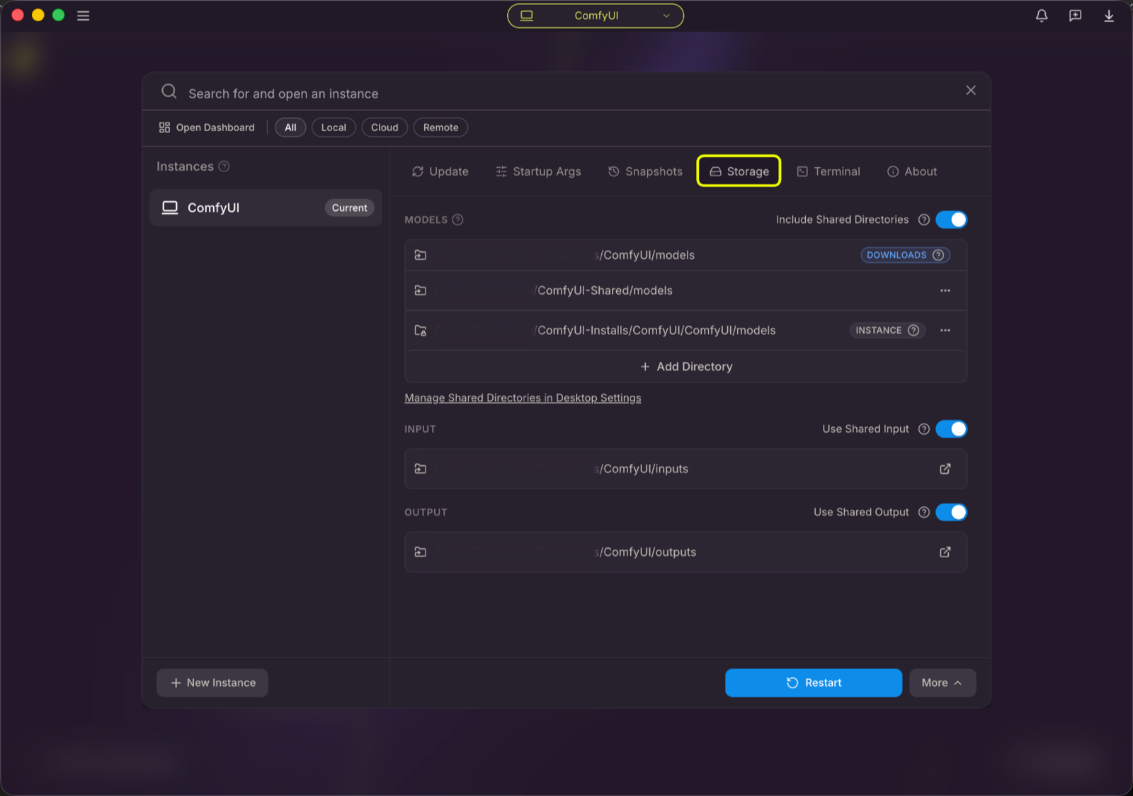 Comfy Desktop 胶囊菜单：显示模型目录设置的存储（Storage）标签页