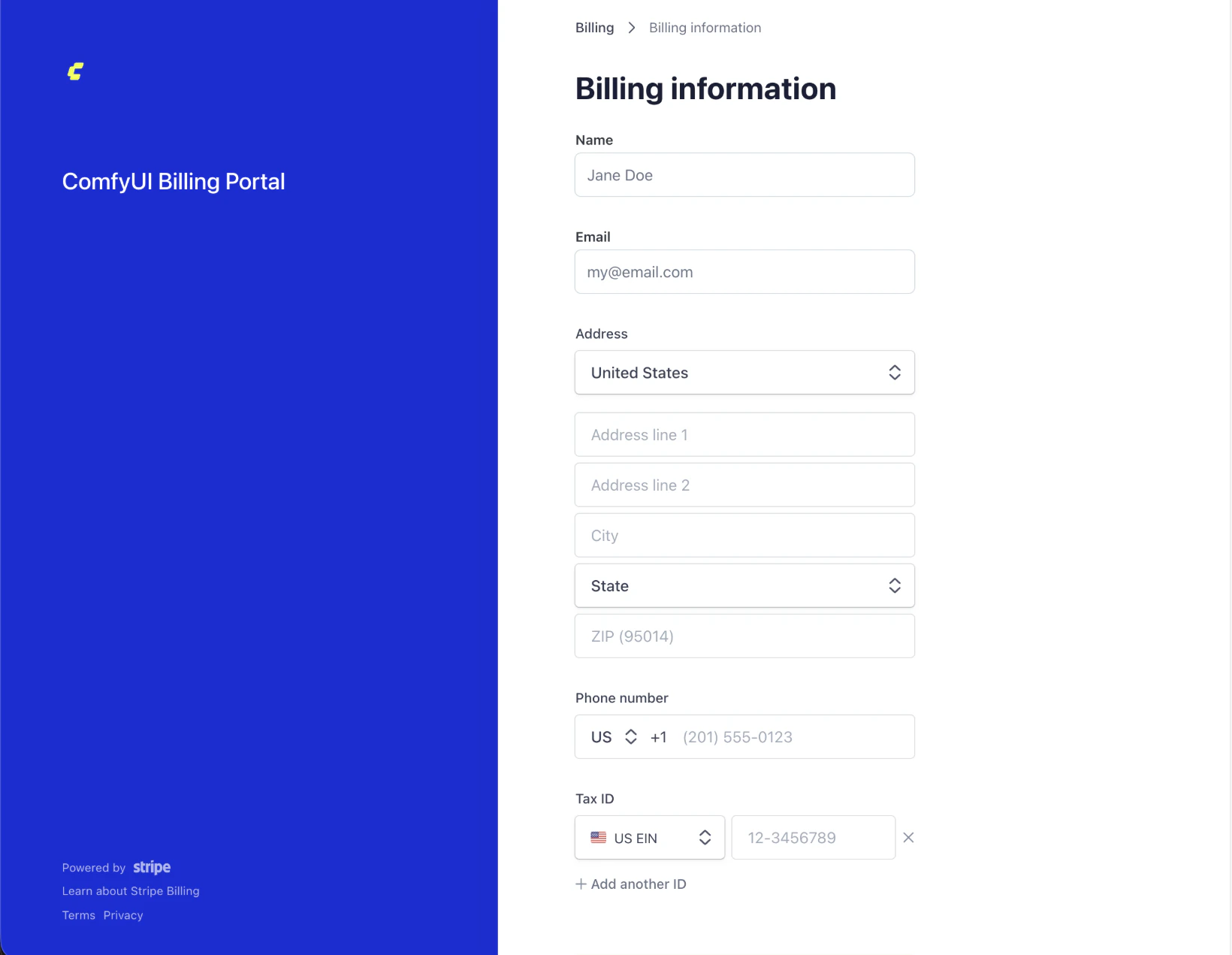 Stripe 门户中高亮显示的“更新信息”按钮