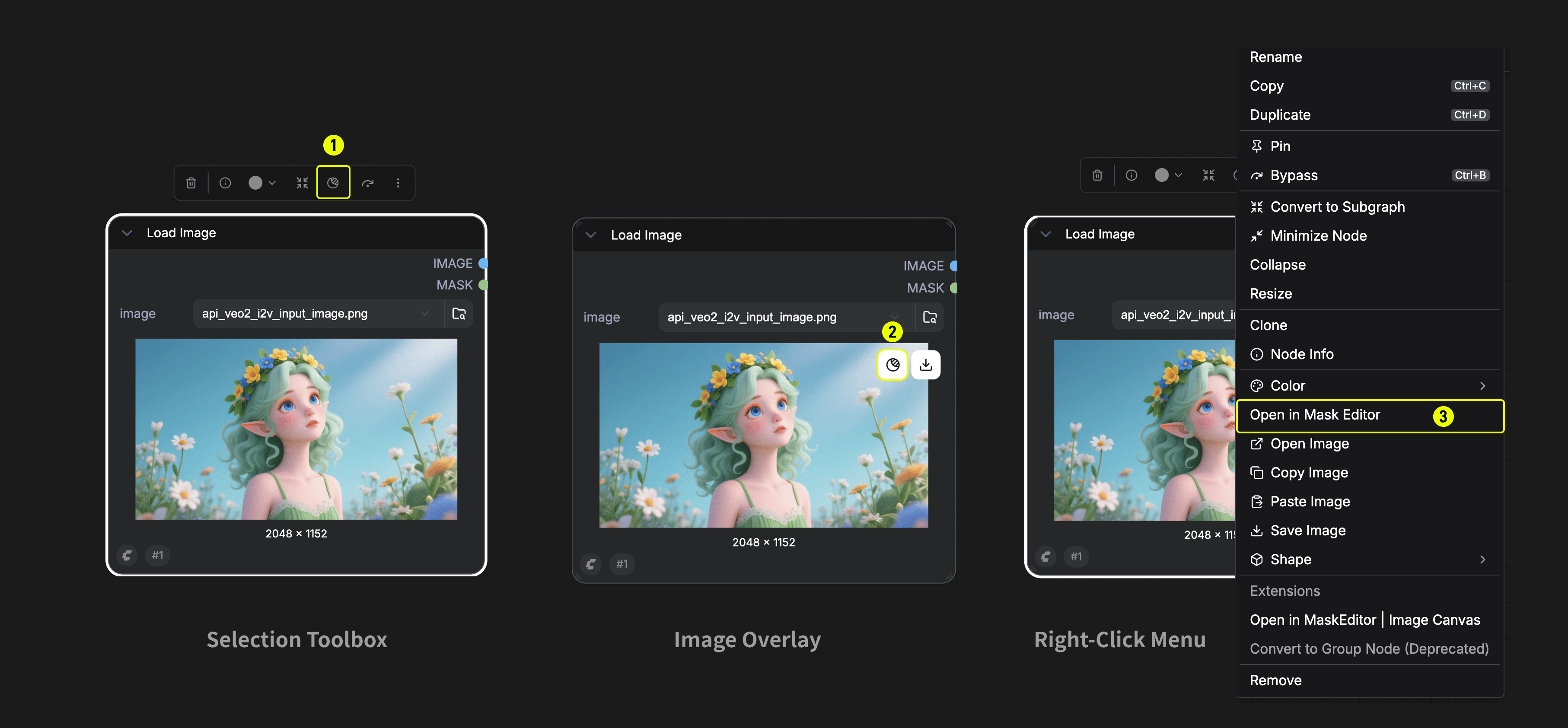 Three ways to open the Mask Editor: Selection Toolbox, Image Overlay, and Right-Click Menu