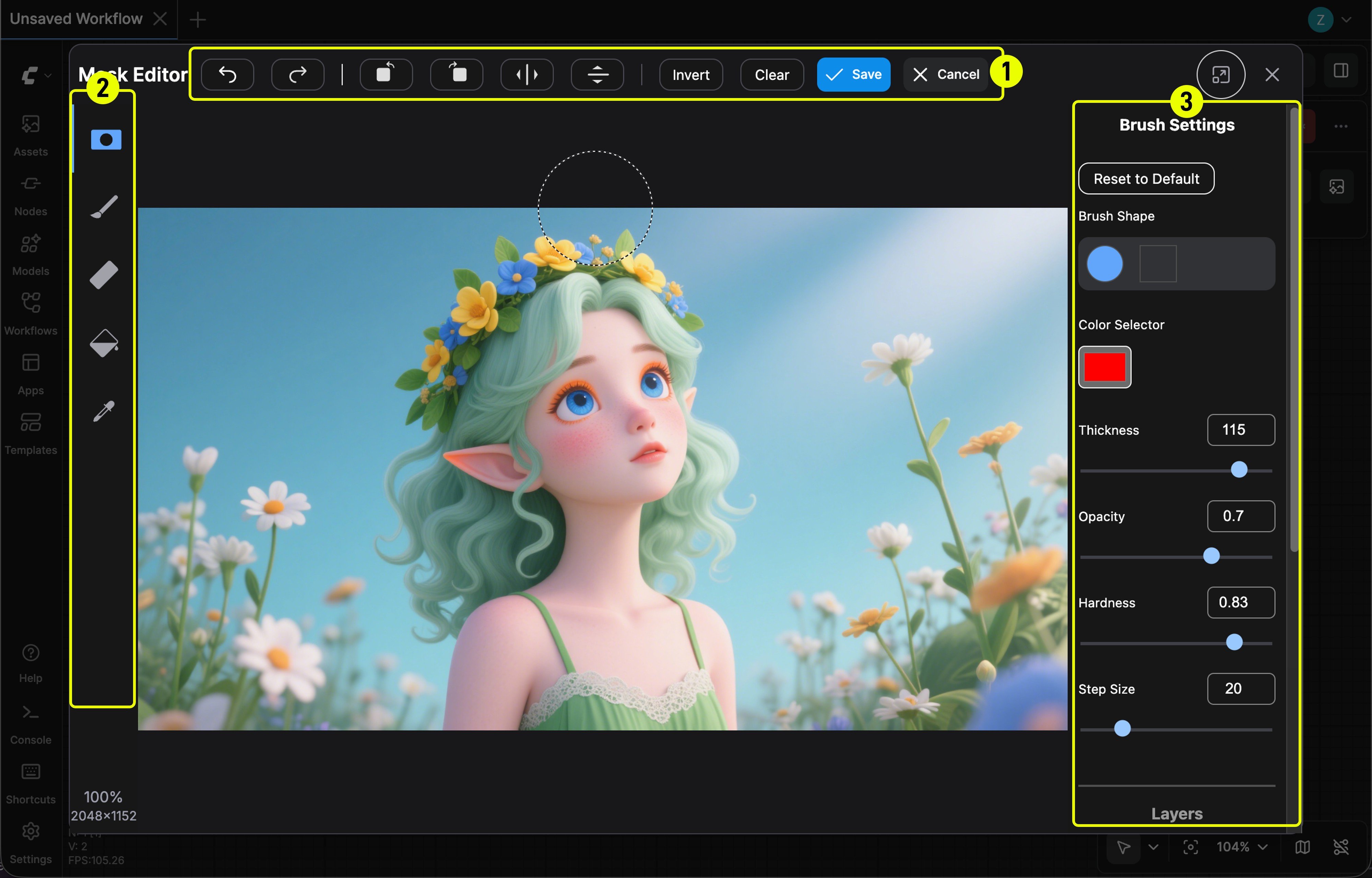 Mask Editor main interface with tool panel, canvas, and settings side panel