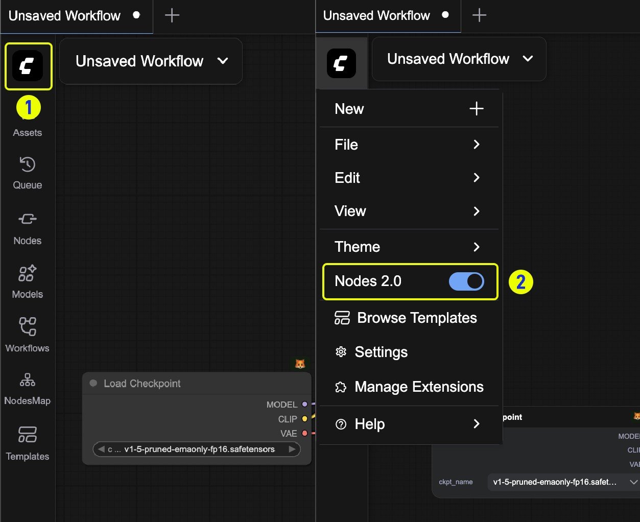Nodes 2.0 toggle location in ComfyUI menu