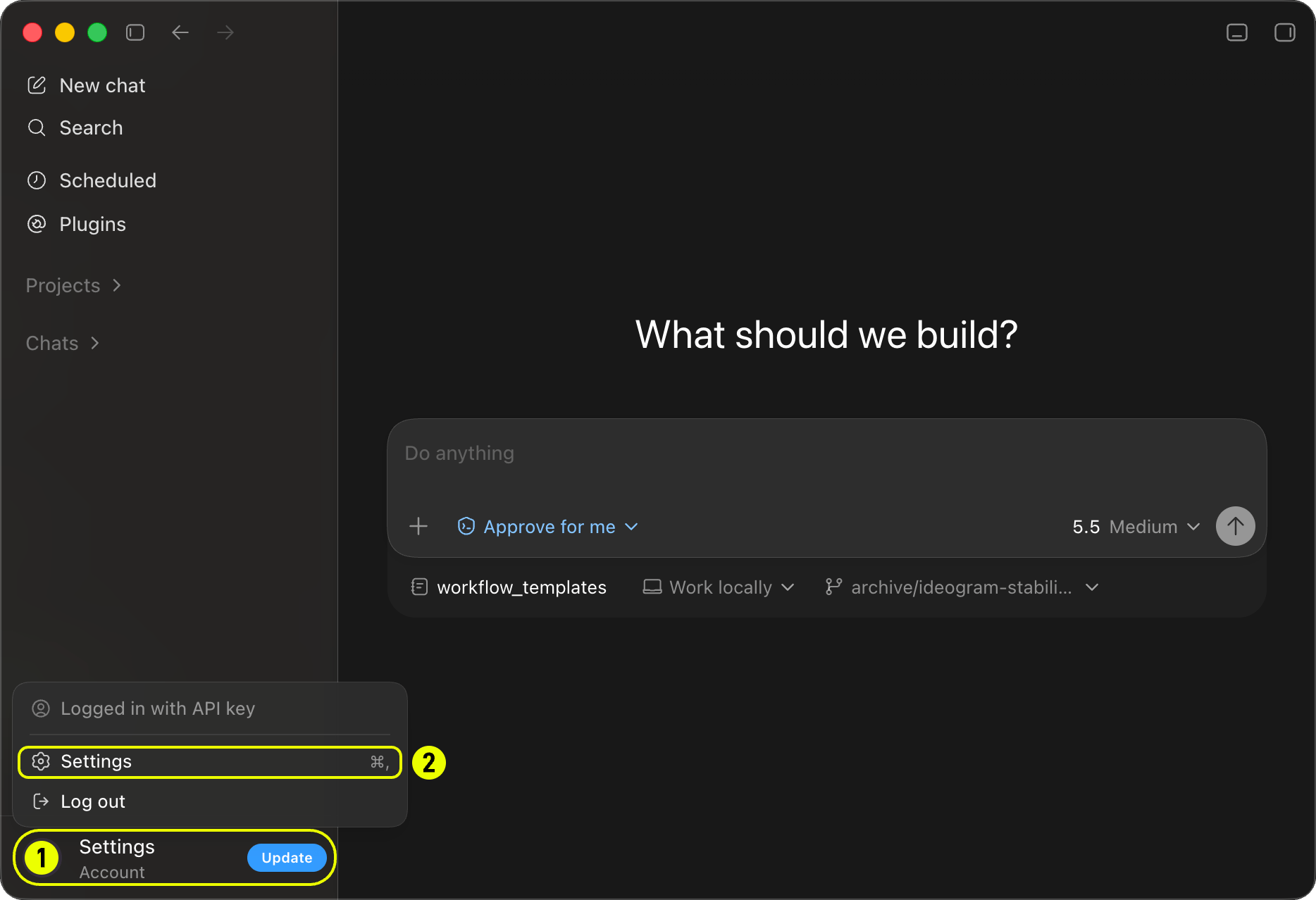 Codex settings panel — step 1