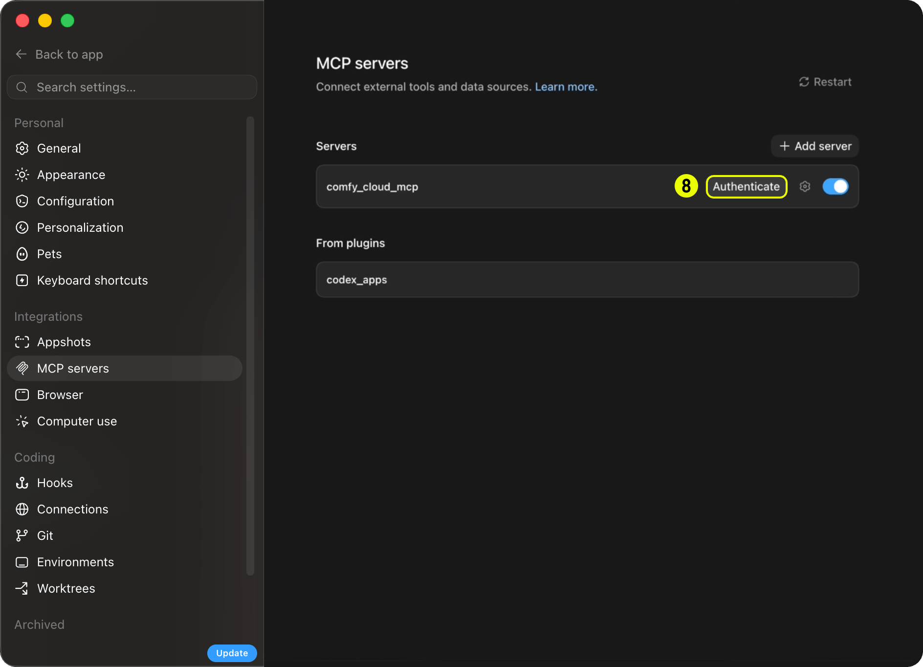 Codex authenticate MCP server — step 4