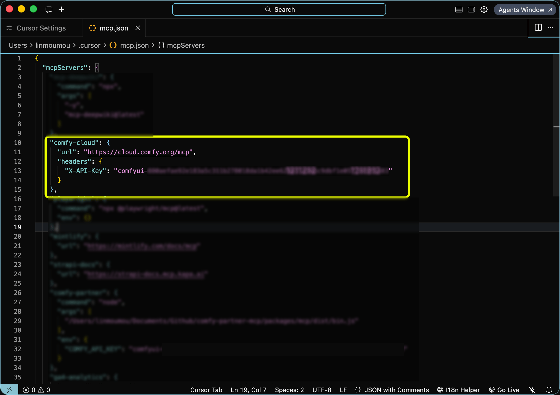 Cursor — mcp.json with API key