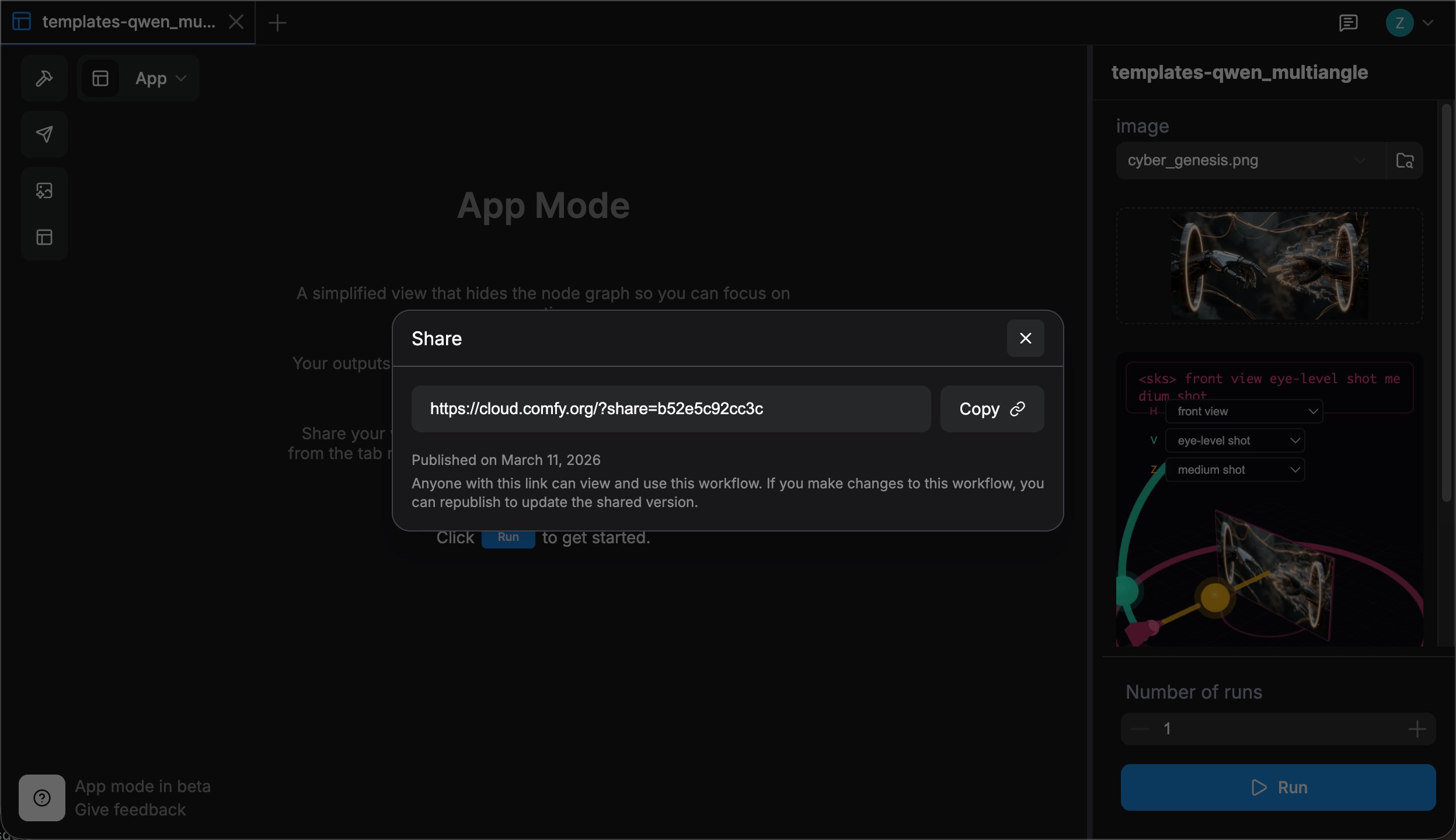 Share dialog showing the generated link with Copy button