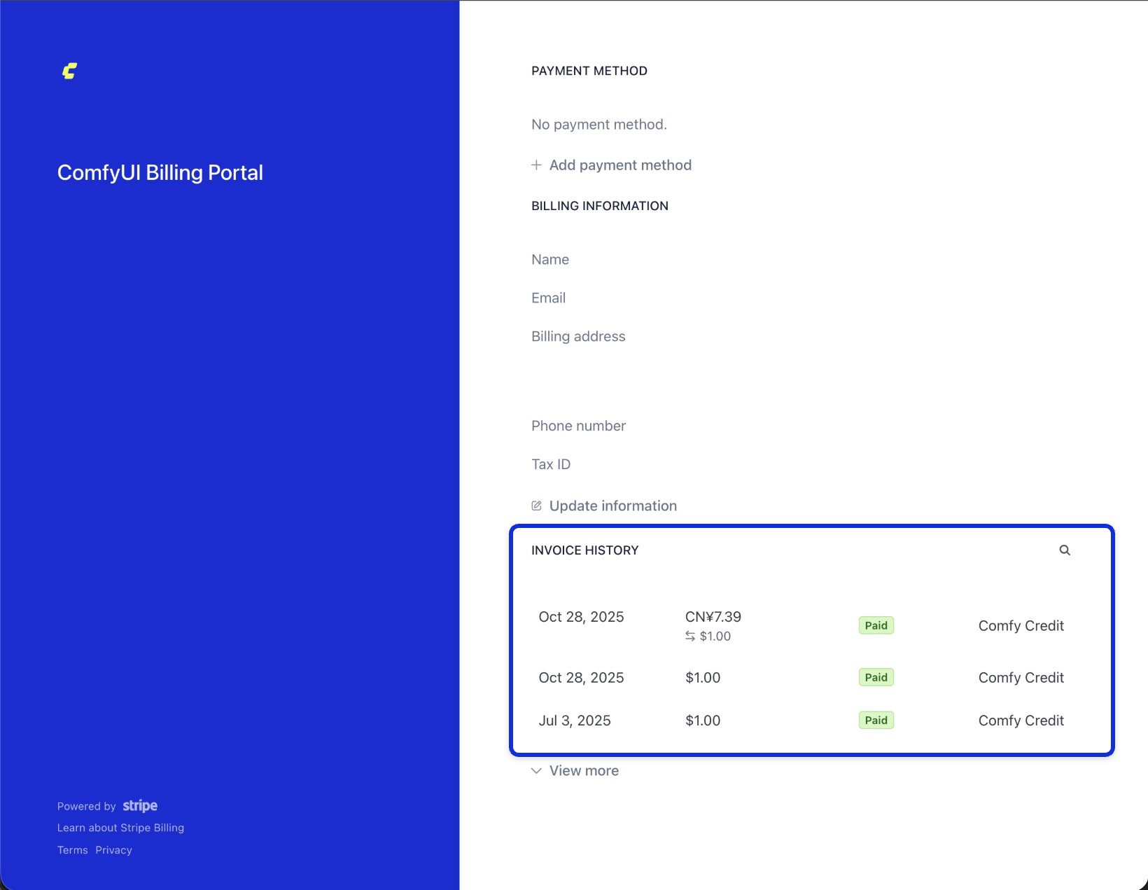 Stripe billing portal showing invoice history table