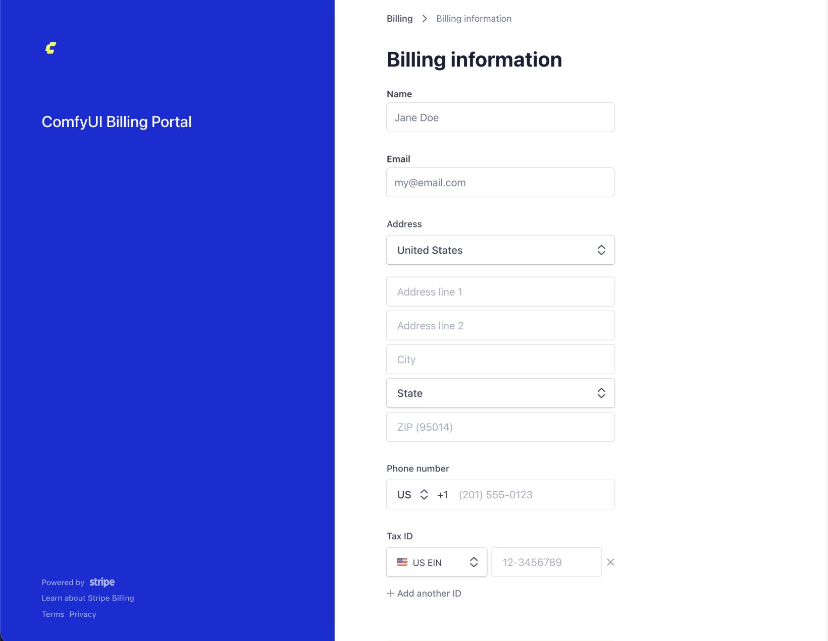 Stripe portal with Update information button emphasized