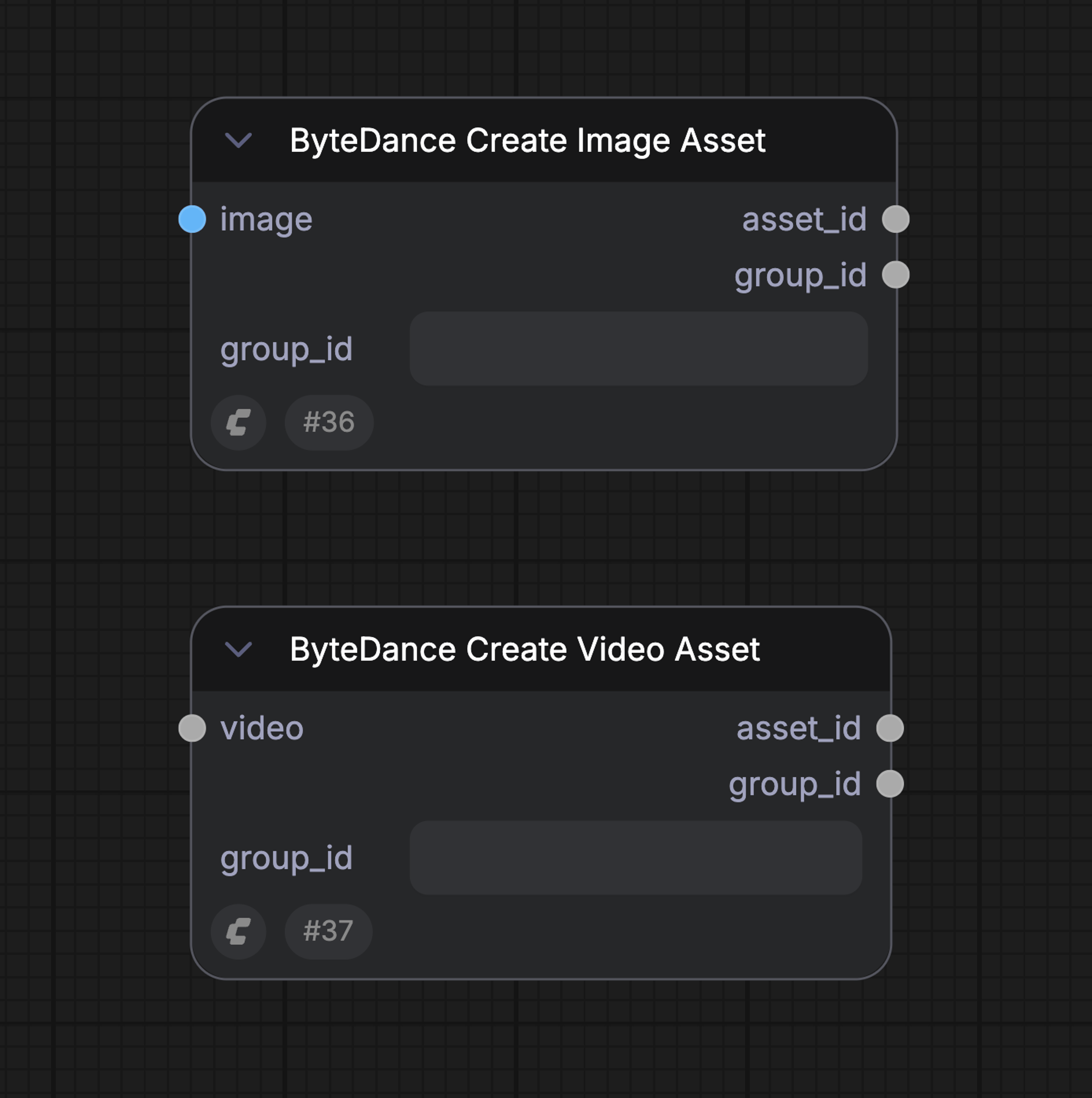 ByteDance Create Image/Video Asset nodes used to generate Group ID and Asset ID