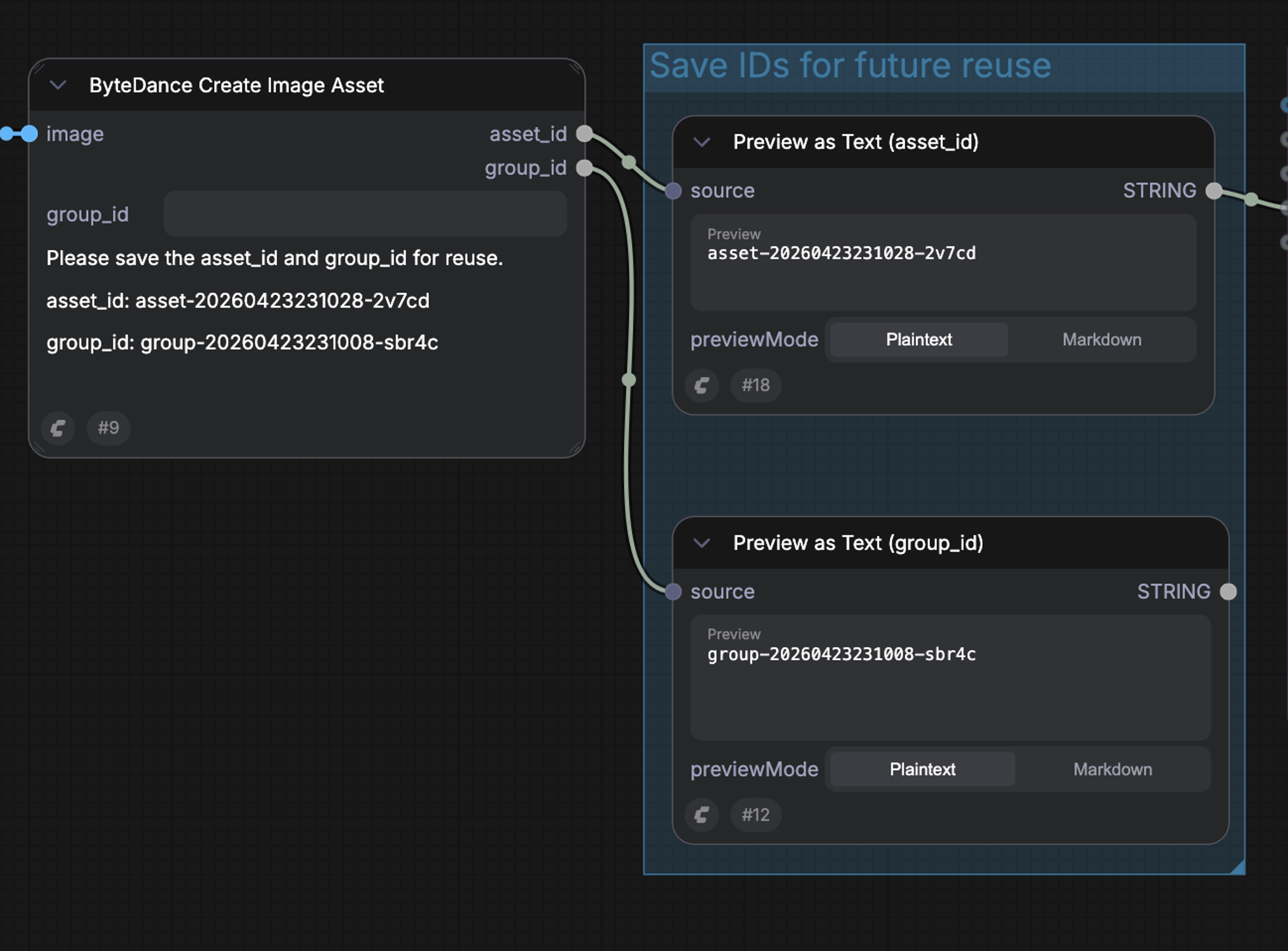 After verification, ComfyUI outputs Asset ID and Group ID to save for reuse