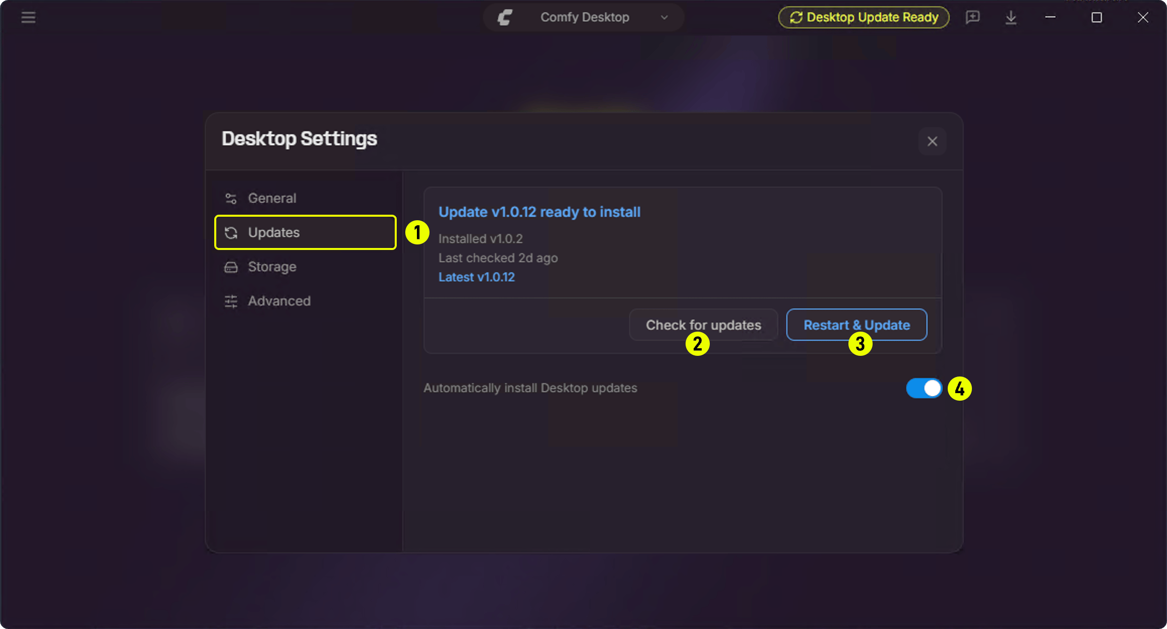 Updates panel in Desktop Settings