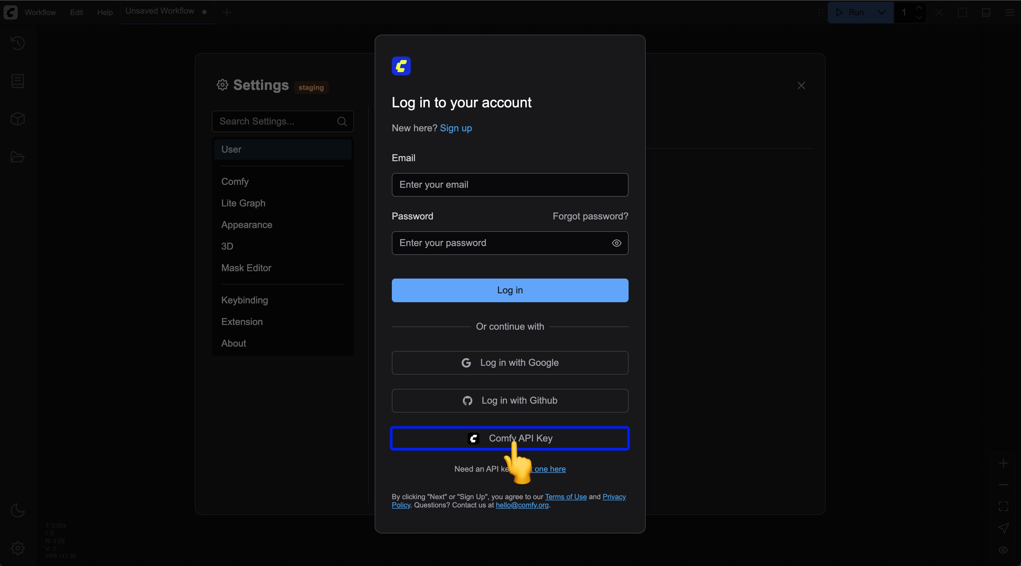 Select Comfy API Key Login