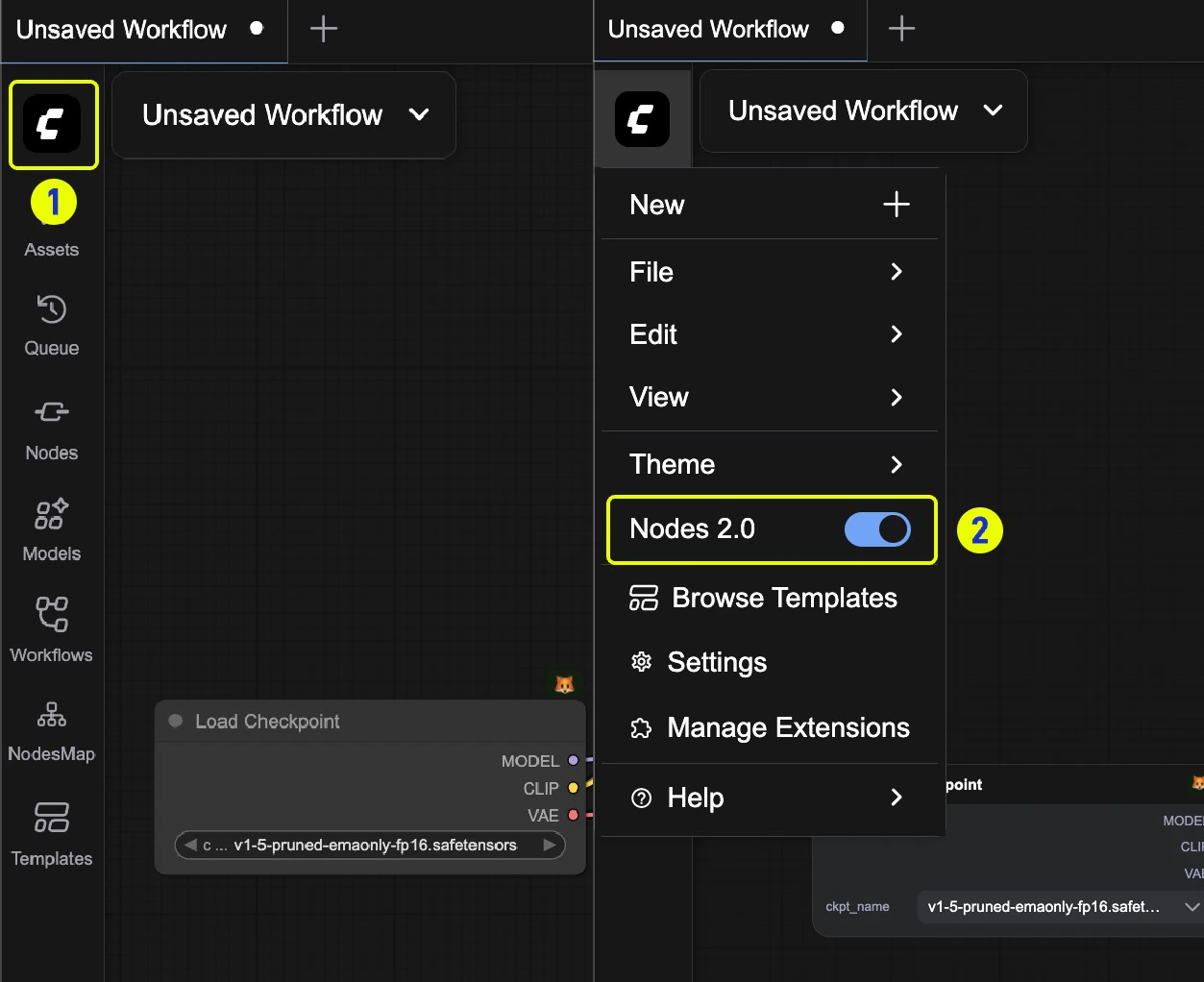 Nodes 2.0 toggle location in ComfyUI menu