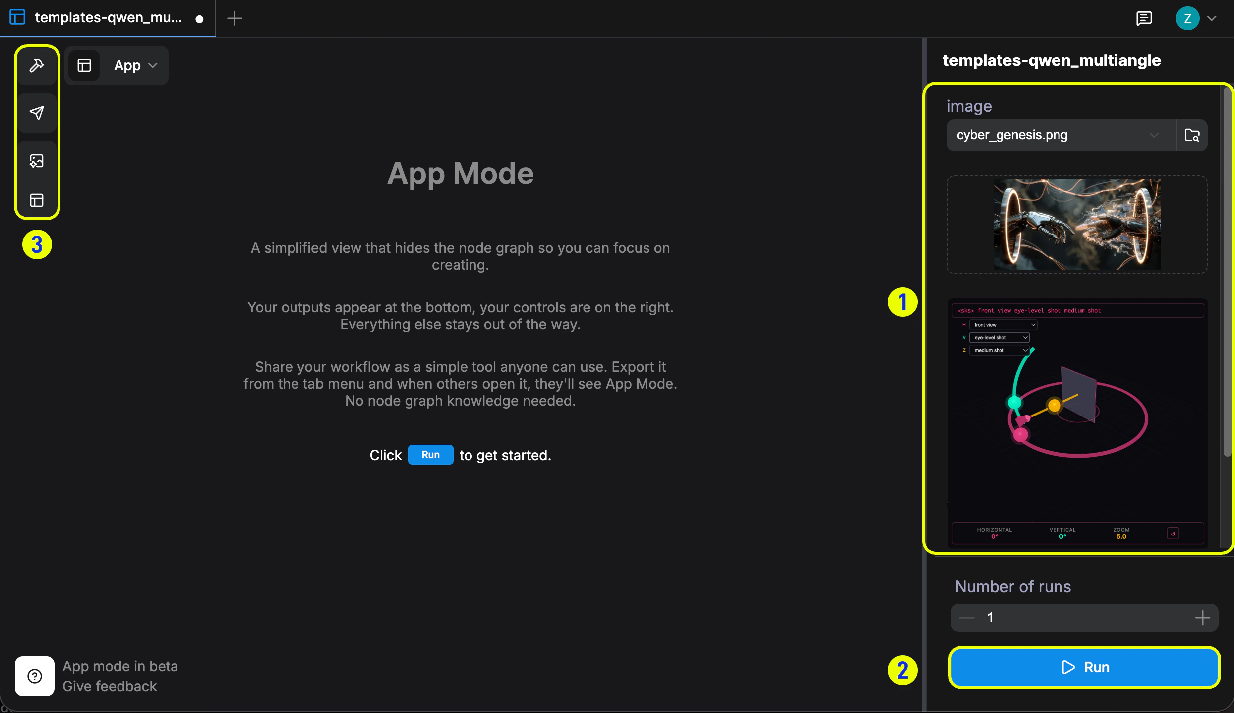 APP mode interface with inputs panel and Run button
