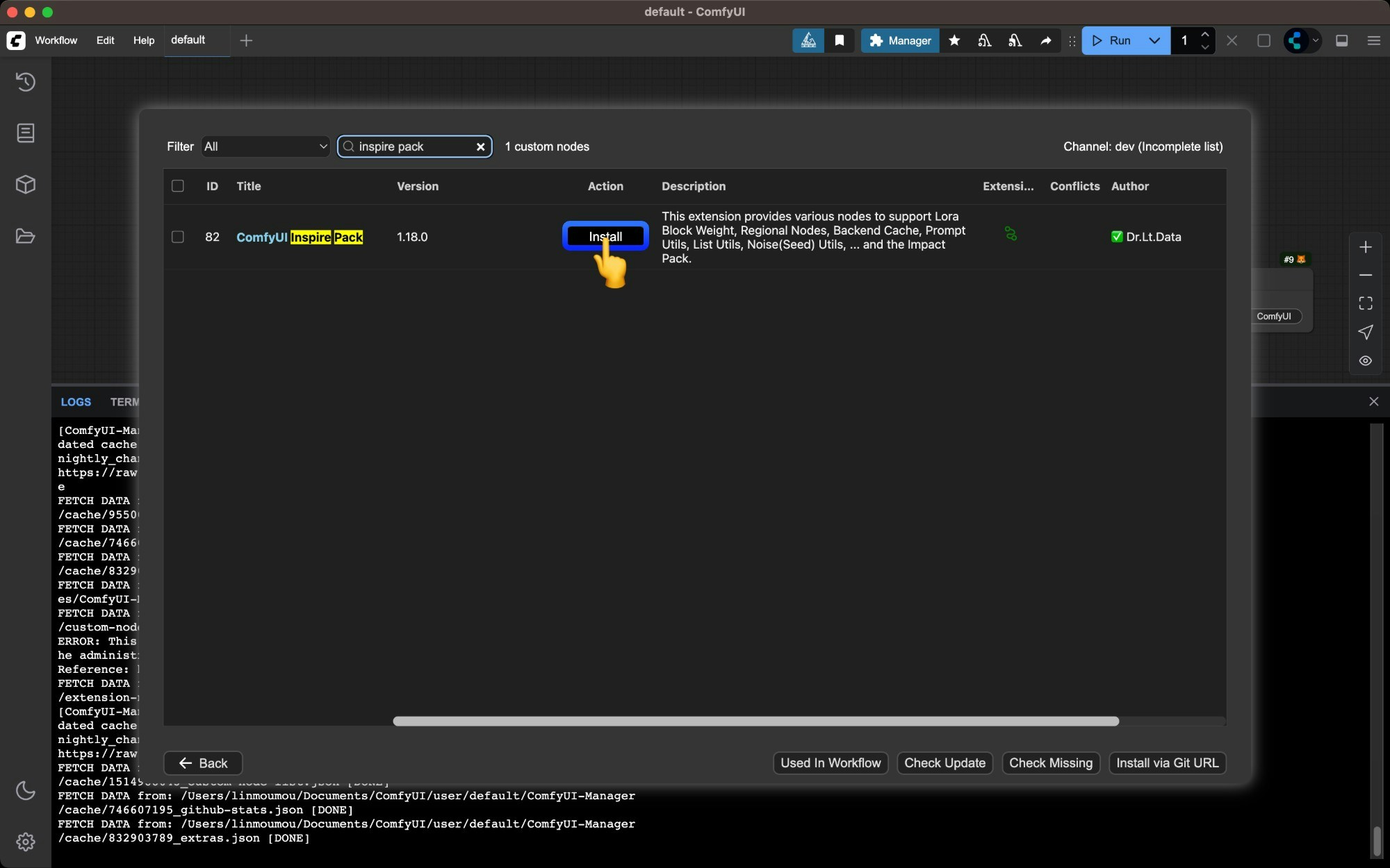 Click Install button for the node