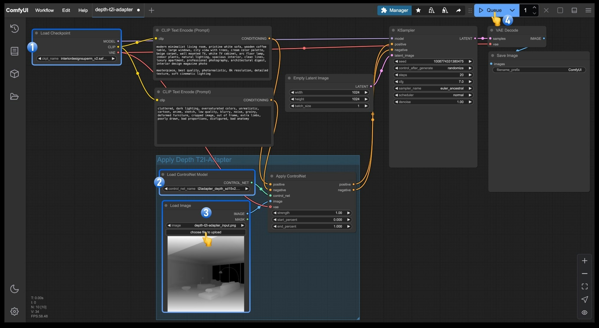 ComfyUI Workflow - Depth T2I Adapter Flow Diagram