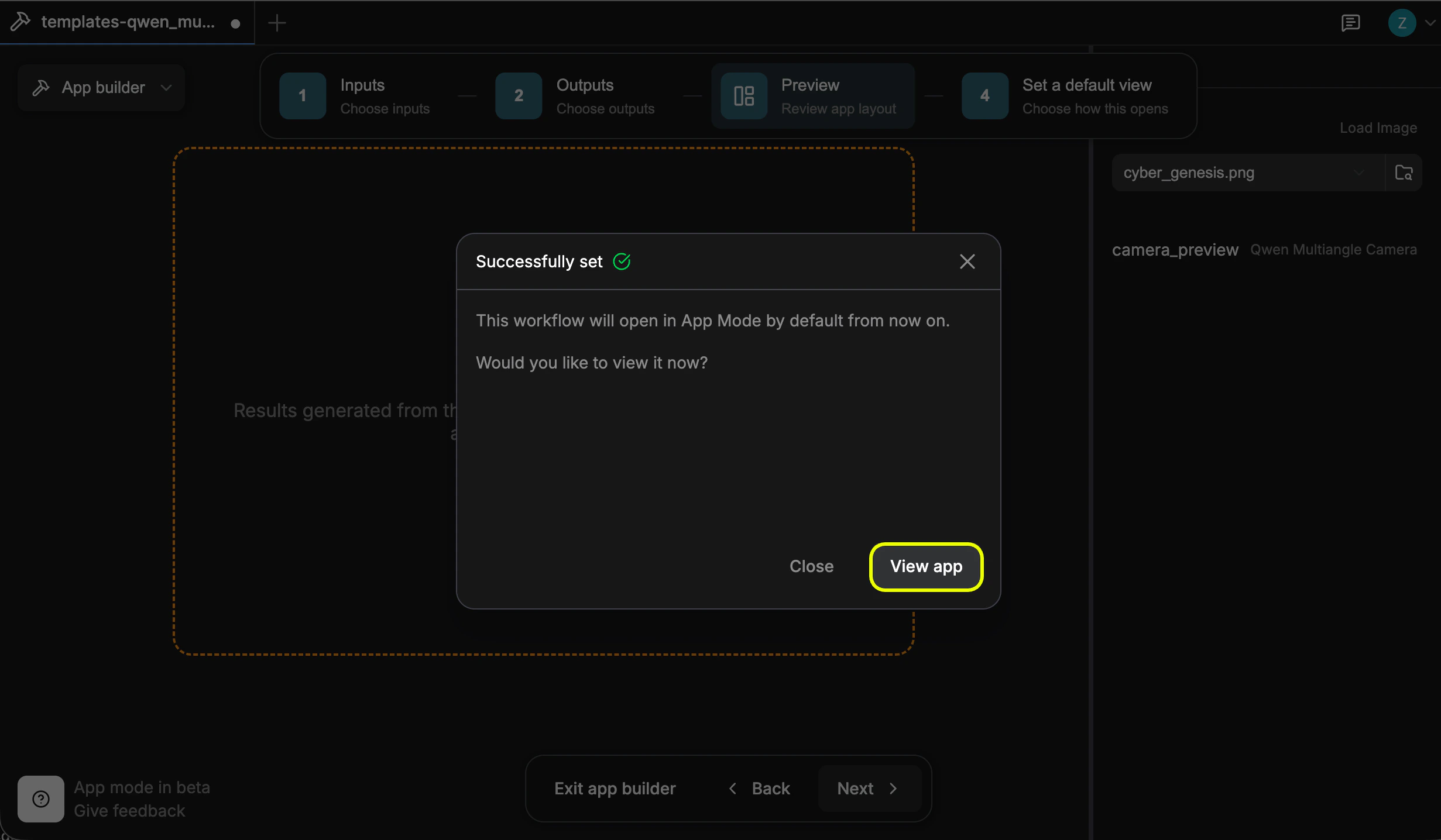Confirmation prompt with View app button