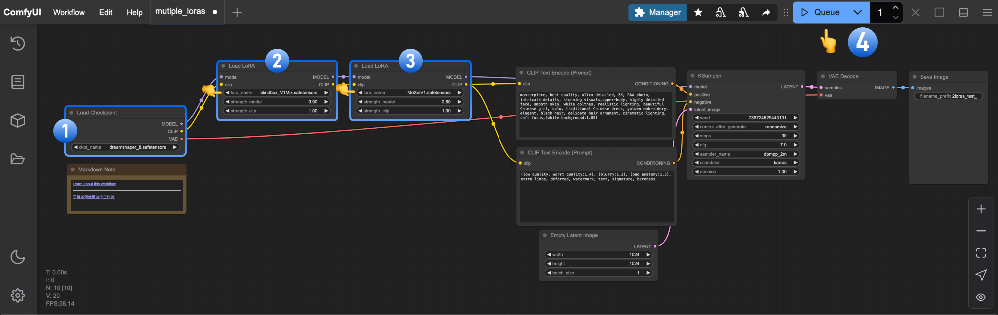 ComfyUI 工作流 - 多 LoRA 模型应用示例流程图