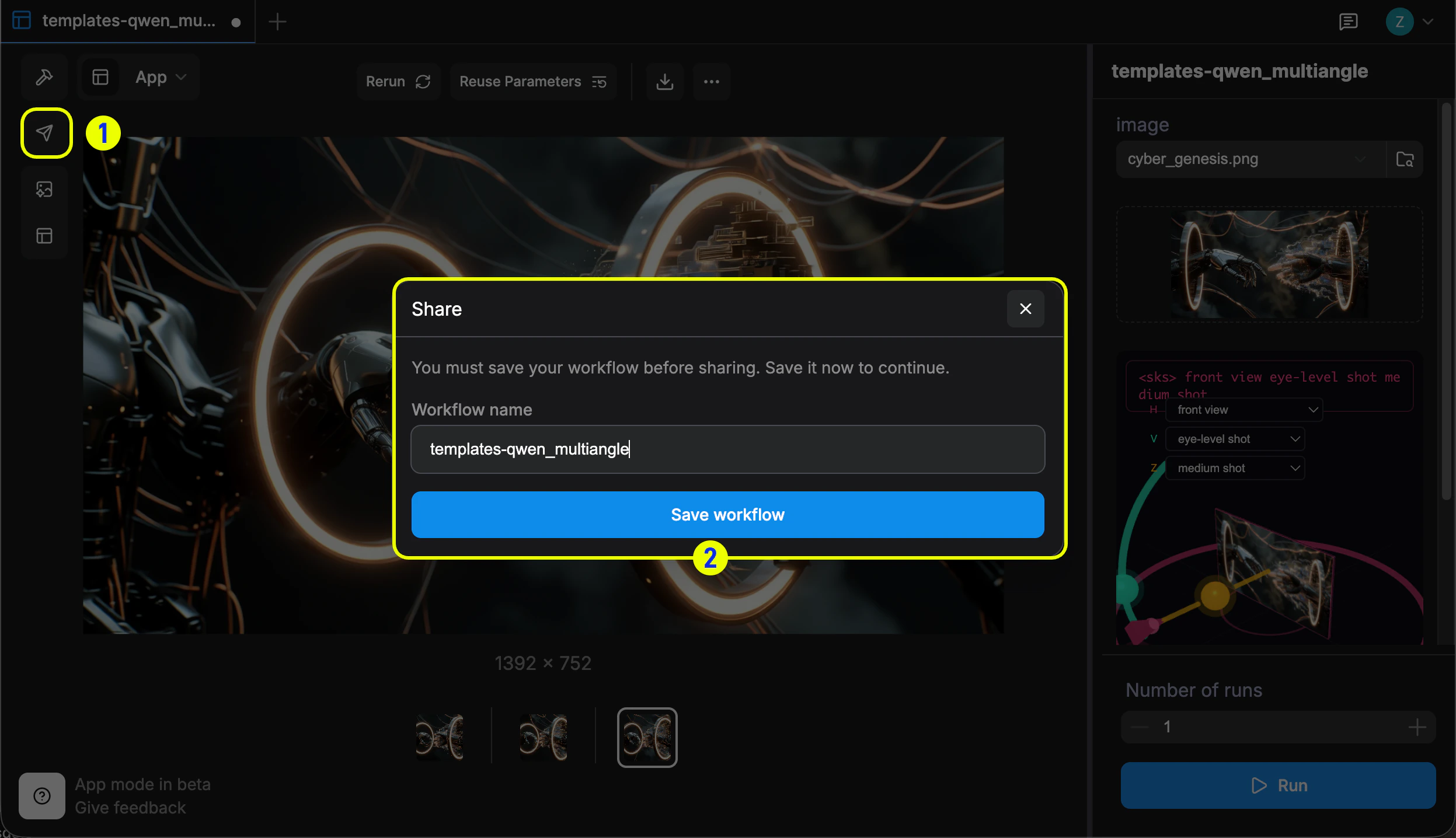 Share dialog prompting to save the workflow