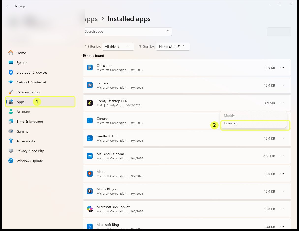 Uninstall Comfy Desktop on Windows
