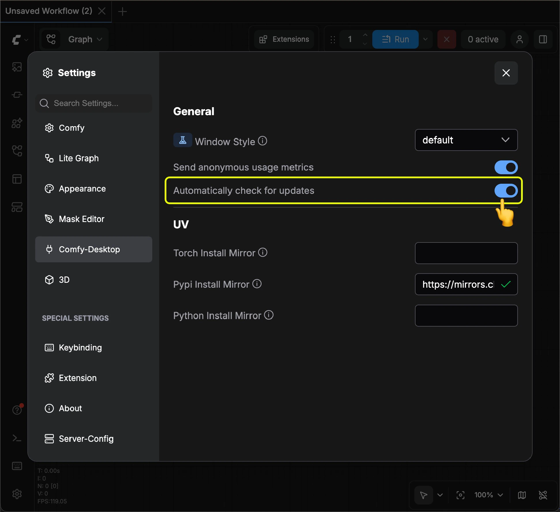 ComfyUI Desktop Settings