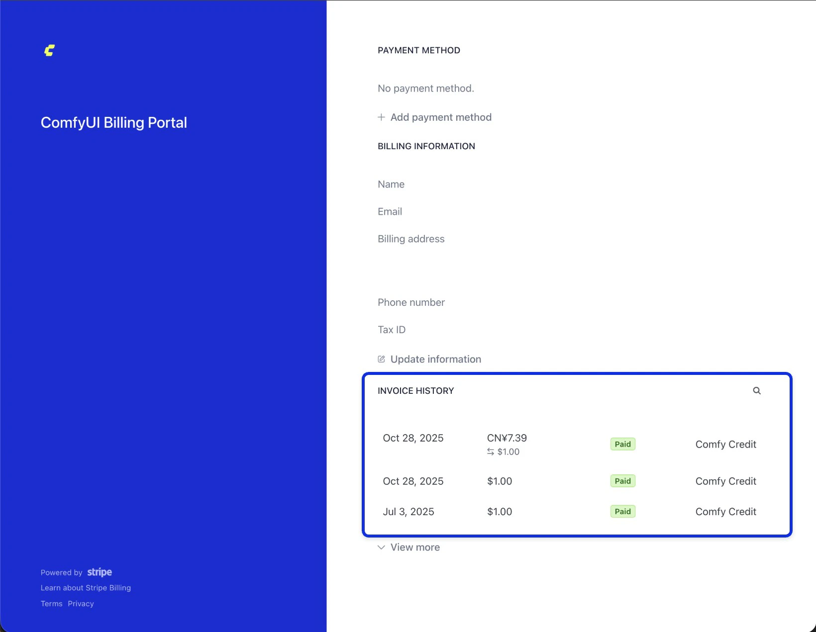 Stripe billing portal showing invoice history table