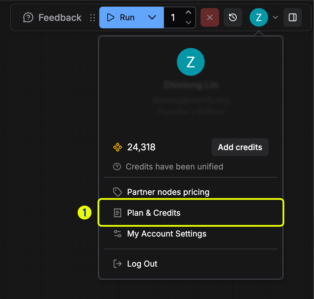 Plan & Credits menu