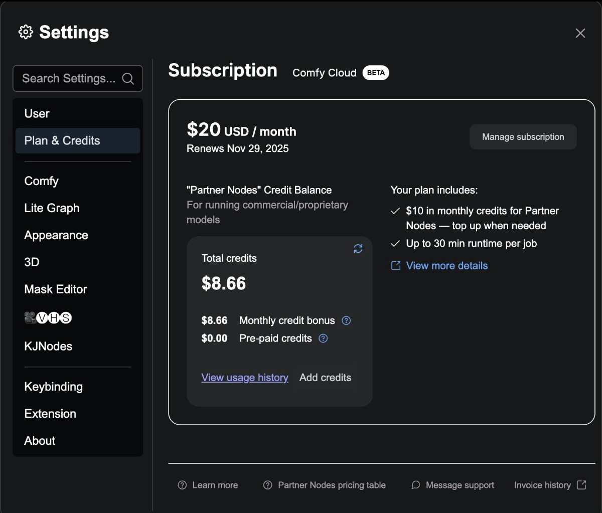Subscription settings menu