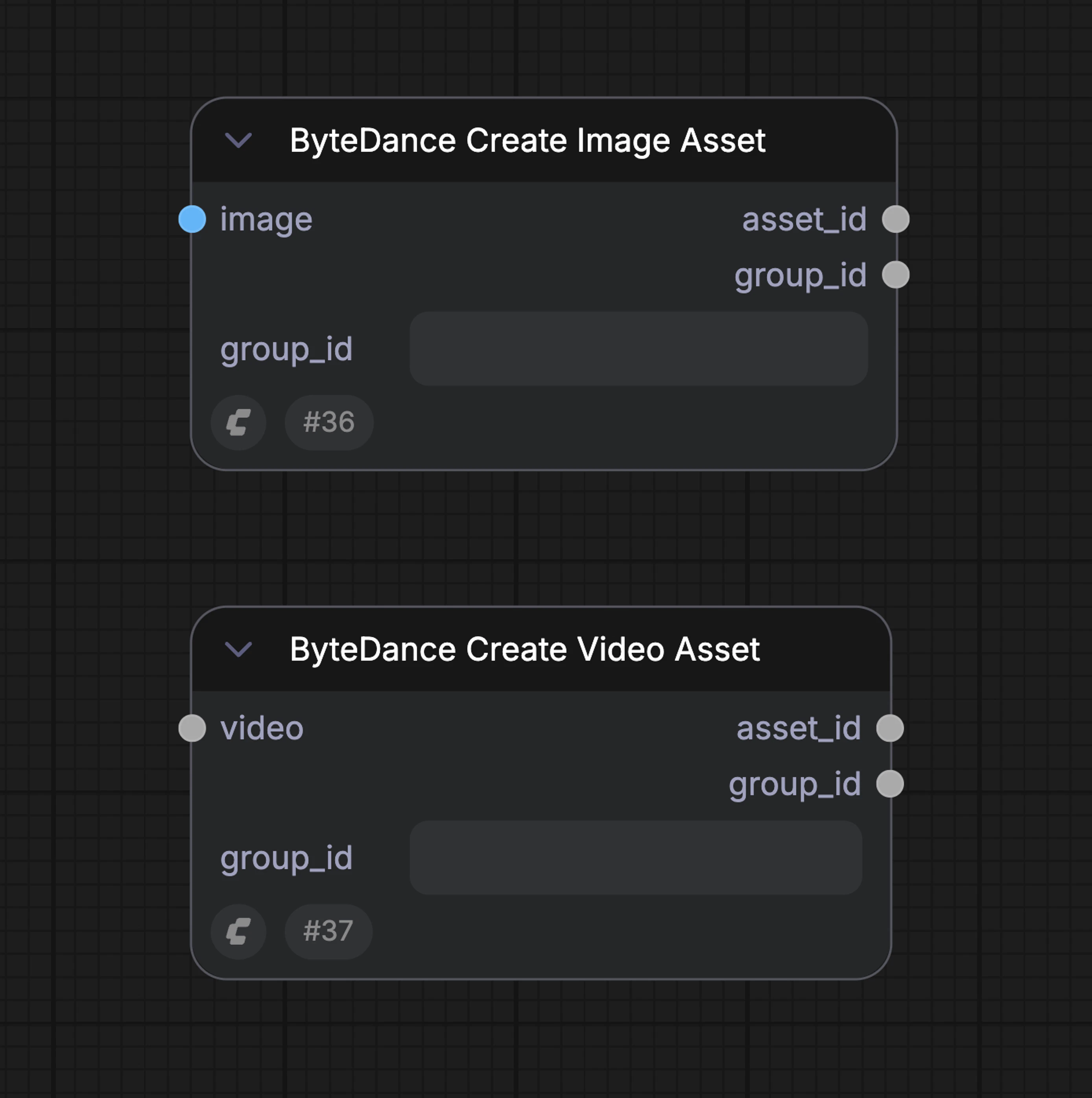 ByteDance Create Image/Video Asset nodes used to generate Group ID and Asset ID